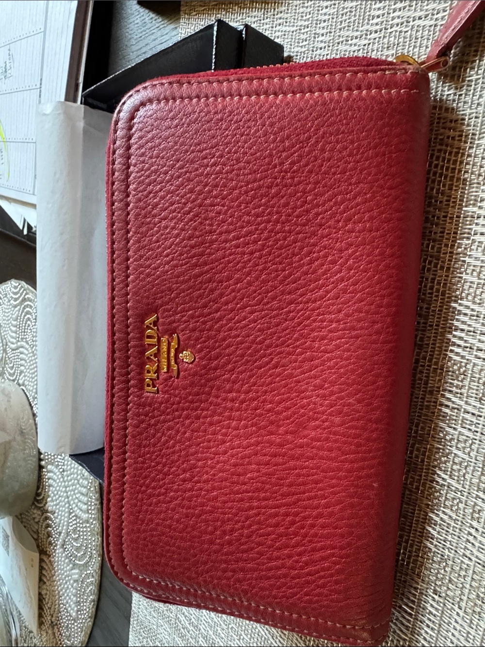 Prada Pebbled Zip Wallet in Rich Red with Gold Logo

P16